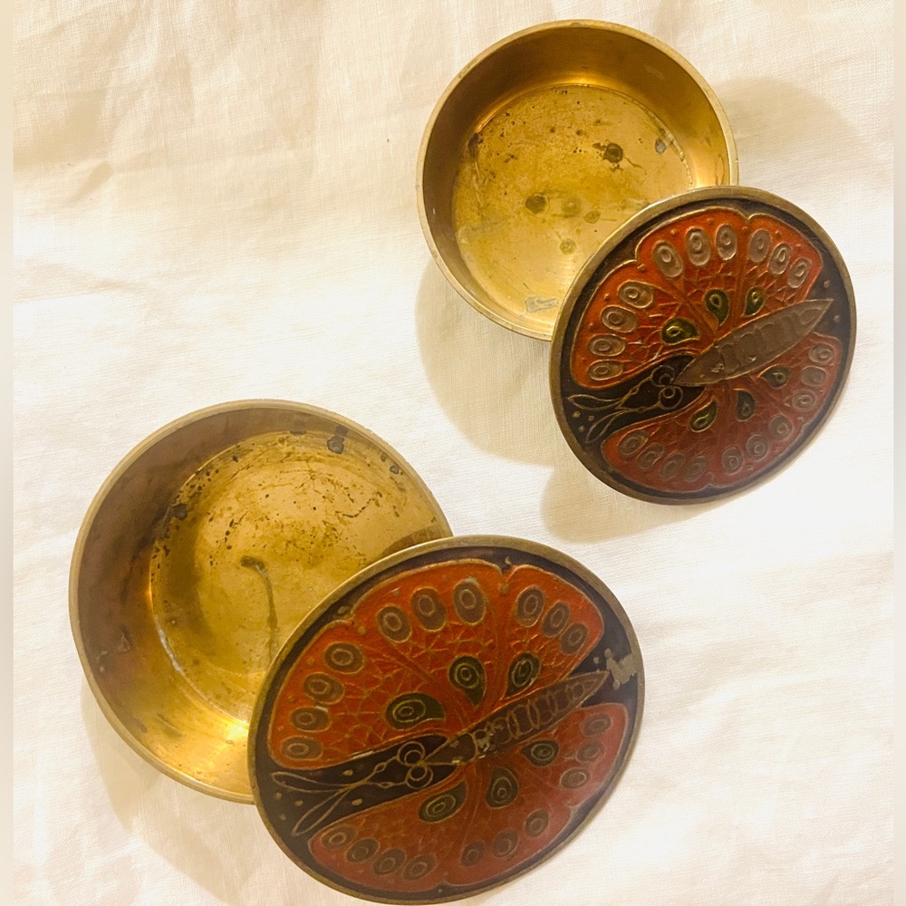 1960s-1970s Indian Meenakari brass and enamel nesting boxes w/ Butterfly Design